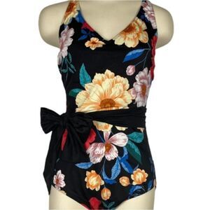 Black Floral One Piece Swim Suit with Belt